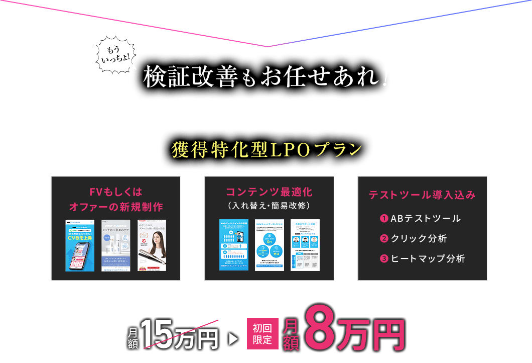 もういっちょ！検証改善もお任せあれ！今の時代FVとオファーで全てが決まる！ 獲得特化型LPOプラン 月額15万円 初回限定月額8万円