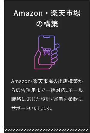Amazon・楽天市場の構築 Amazon・楽天市場の出店構築から広告運用まで一括対応。モール戦略に応じた設計・運用を柔軟にサポートいたいます。