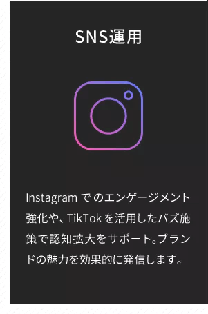 SNS運用 Instagramでのエンゲージメント強化や、TikTokを活用したバズ施策で認知拡大をサポート。プランドの魅力を効果的に発信します。